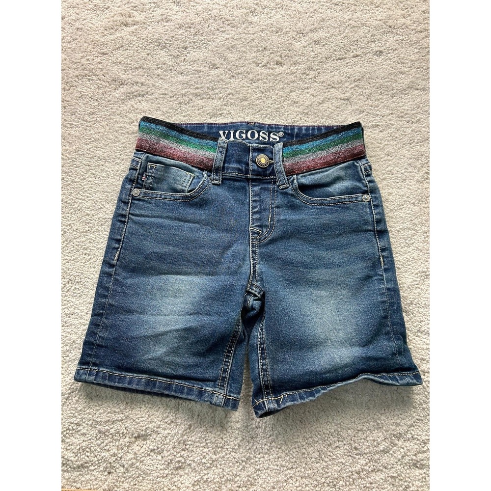 Vigoss Shorts Girls 7 Bermuda Denim Stretch Adjustable Waist Rainbow Trim